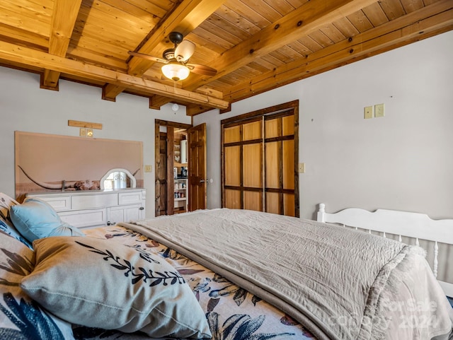 bedroom featuring beam ceiling, wooden ceiling, and ceiling fan