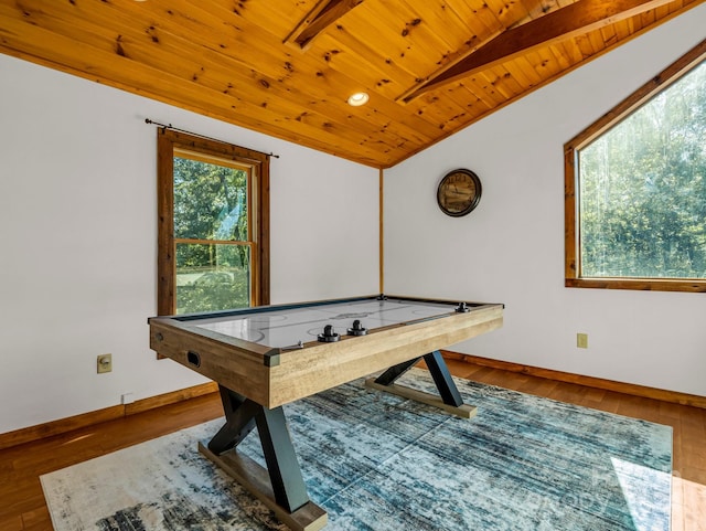 rec room with lofted ceiling with beams, wooden ceiling, and wood-type flooring