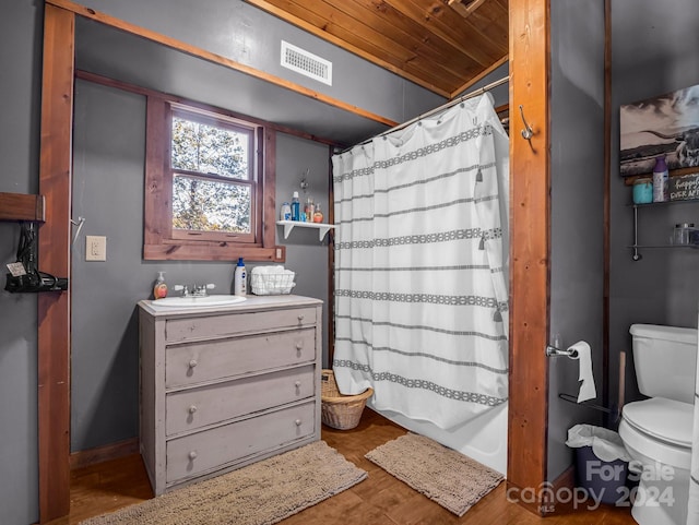 bathroom featuring wood ceiling, toilet, walk in shower, vanity, and hardwood / wood-style flooring