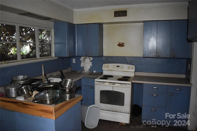 kitchen with blue cabinets and white electric range