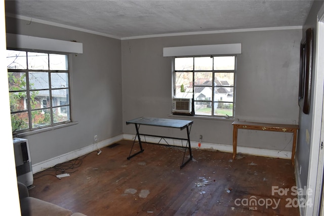 unfurnished room with a textured ceiling, wood-type flooring, ornamental molding, and plenty of natural light