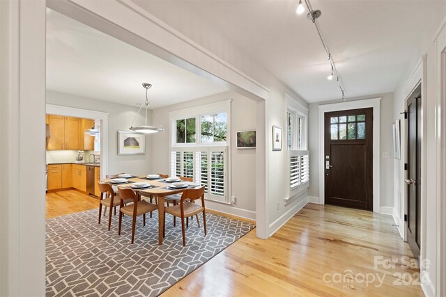 dining area featuring light hardwood / wood-style floors and rail lighting