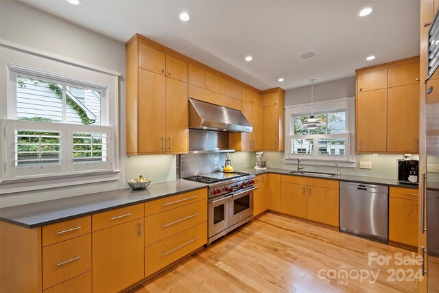 kitchen featuring appliances with stainless steel finishes, light wood-type flooring, wall chimney exhaust hood, and sink