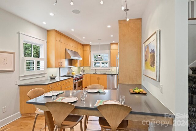 kitchen featuring stainless steel appliances, light hardwood / wood-style floors, kitchen peninsula, sink, and extractor fan