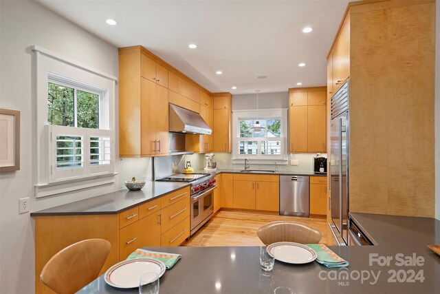 kitchen featuring premium appliances, sink, extractor fan, light hardwood / wood-style flooring, and light brown cabinetry