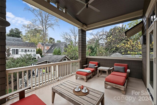 view of patio featuring ceiling fan and an outdoor hangout area