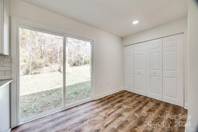 unfurnished bedroom with access to exterior, wood-type flooring, and multiple windows