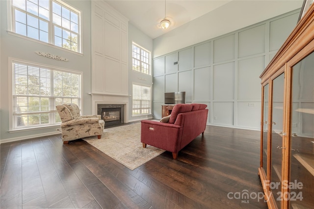 living room featuring a high ceiling, a fireplace, and dark hardwood / wood-style floors