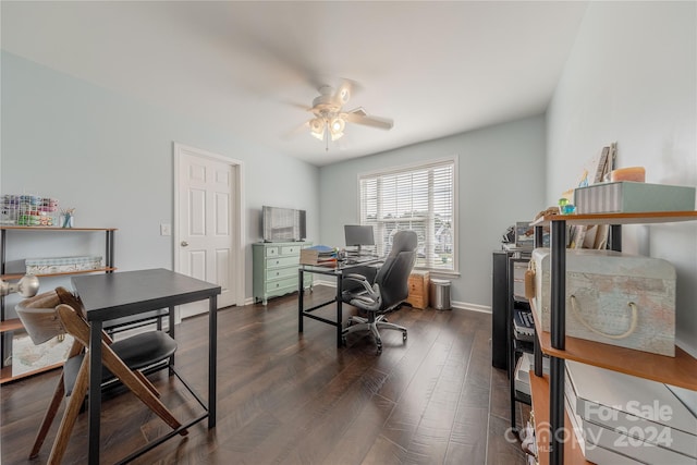 office with dark wood-type flooring and ceiling fan