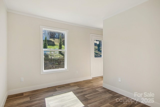 unfurnished room with crown molding and dark wood-type flooring