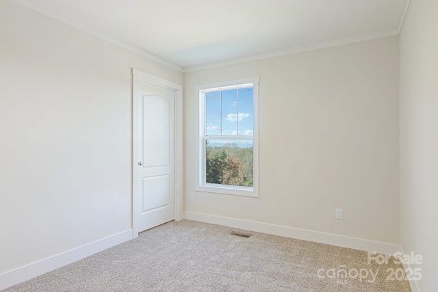 carpeted spare room with ornamental molding