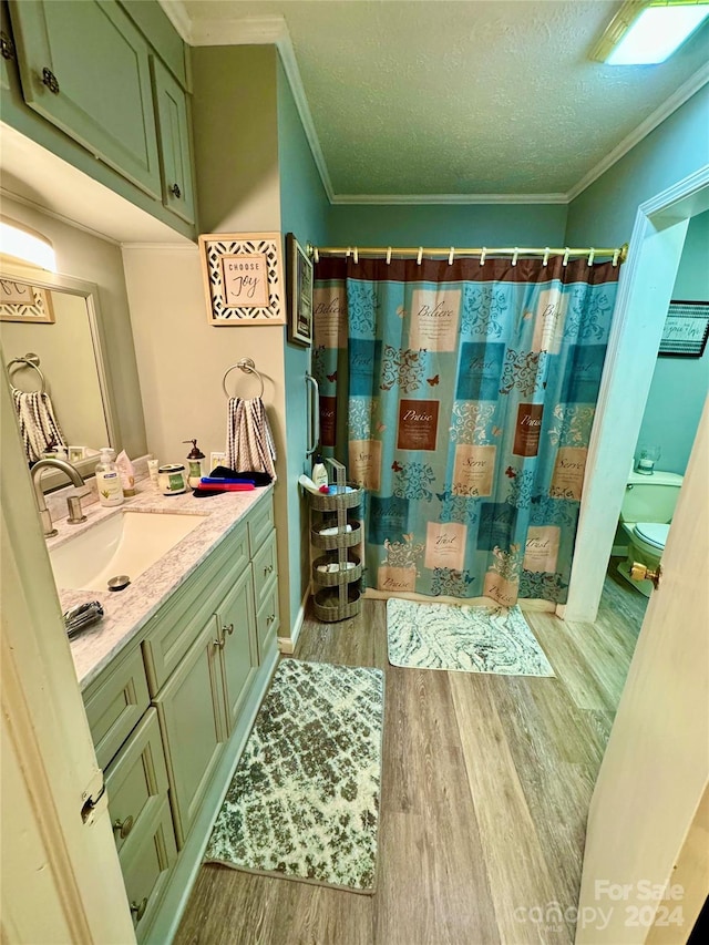 bathroom featuring crown molding, hardwood / wood-style floors, vanity, and a textured ceiling