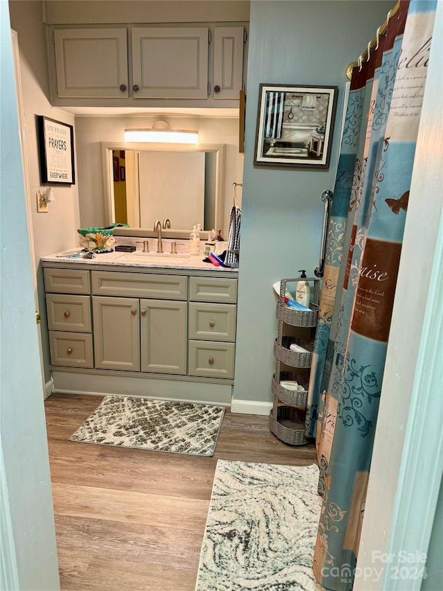 bathroom with hardwood / wood-style floors and vanity