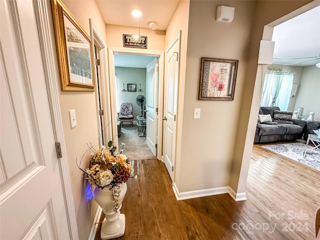 hallway featuring a chandelier and dark hardwood / wood-style flooring