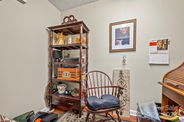 sitting room with hardwood / wood-style floors and a textured ceiling