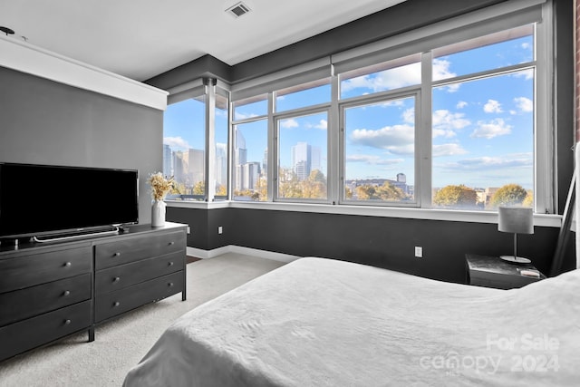 bedroom with light colored carpet