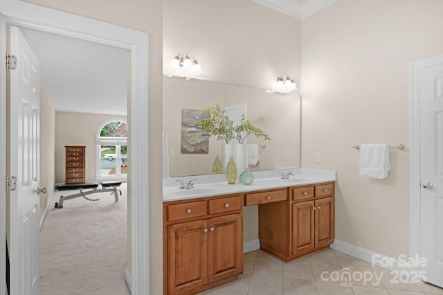 bathroom with tile patterned floors, vanity, and ornamental molding