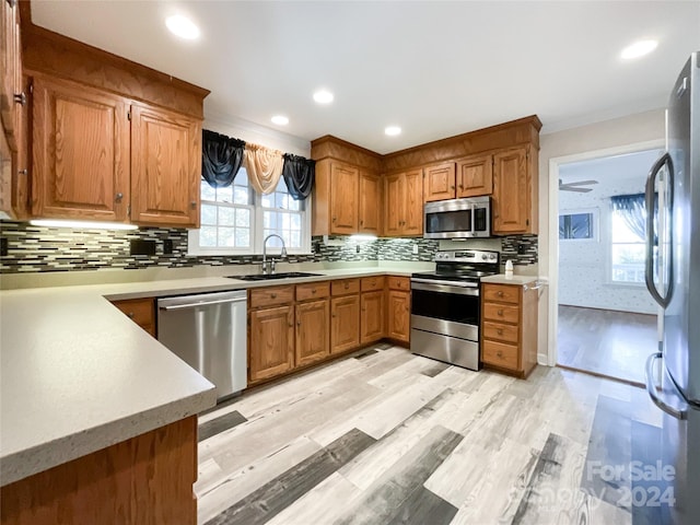 kitchen featuring light hardwood / wood-style flooring, appliances with stainless steel finishes, sink, and decorative backsplash