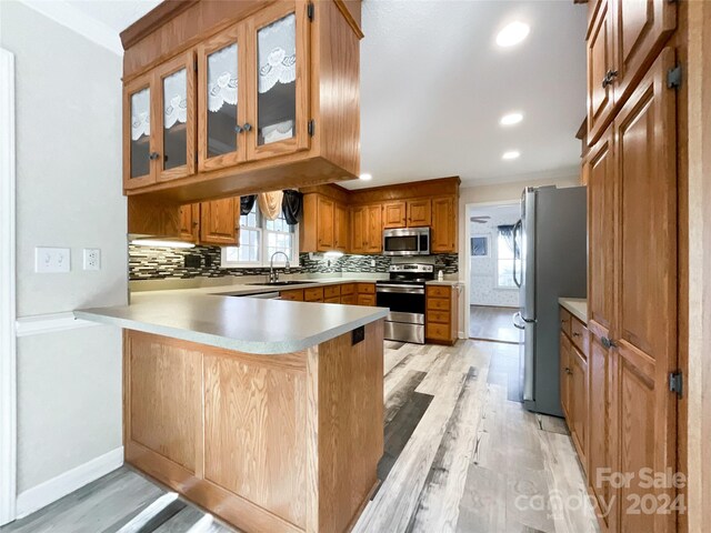 kitchen featuring appliances with stainless steel finishes, kitchen peninsula, sink, and plenty of natural light