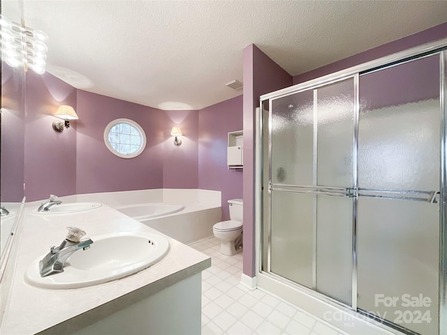 full bathroom featuring vanity, plus walk in shower, a textured ceiling, and toilet