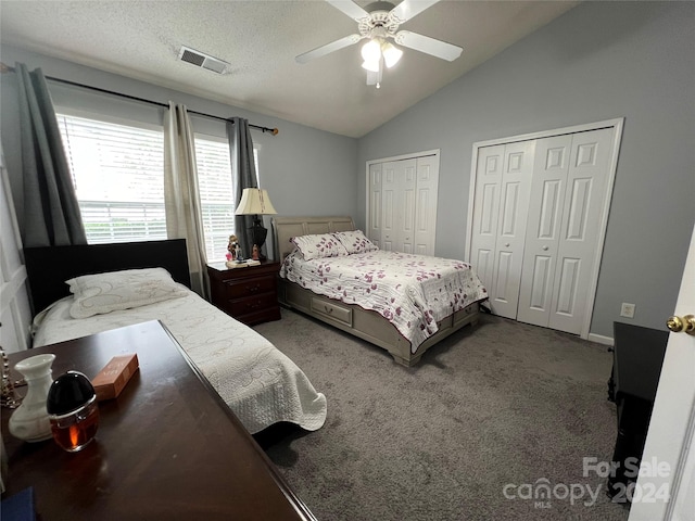 carpeted bedroom with ceiling fan, a textured ceiling, lofted ceiling, and two closets