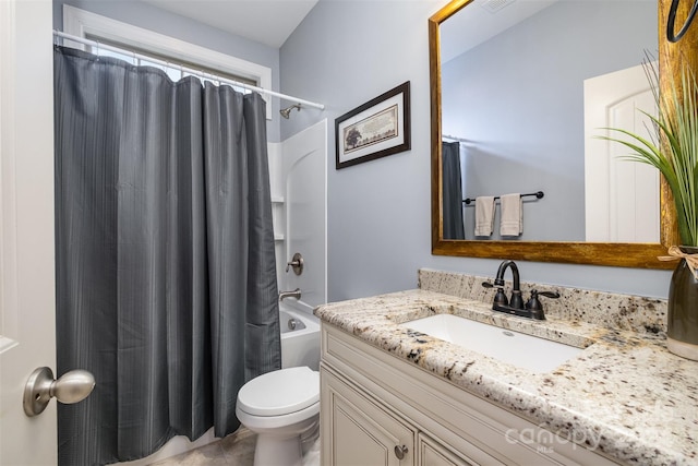 full bathroom featuring vanity, toilet, and shower / tub combo with curtain