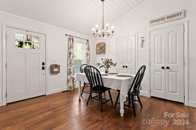 dining room with dark wood-type flooring, wooden ceiling, lofted ceiling, and a chandelier