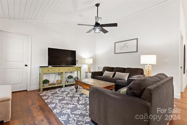 living room featuring ceiling fan, vaulted ceiling, wood ceiling, and hardwood / wood-style floors