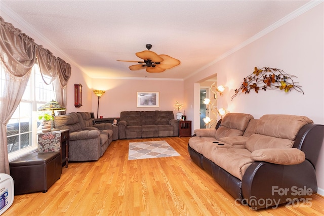 living room featuring a wealth of natural light, ceiling fan, light hardwood / wood-style floors, and crown molding