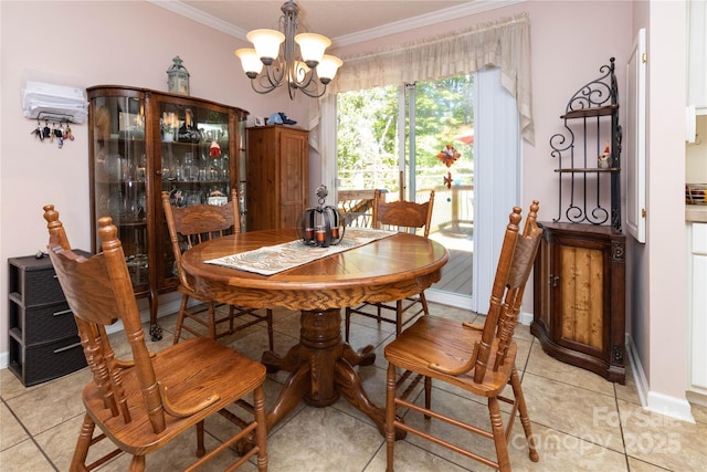 tiled dining room with ornamental molding and a chandelier