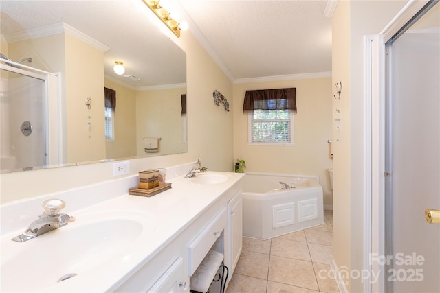 bathroom with ornamental molding, vanity, tile patterned floors, and shower with separate bathtub