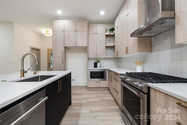 kitchen with sink, wall chimney exhaust hood, backsplash, light hardwood / wood-style floors, and appliances with stainless steel finishes