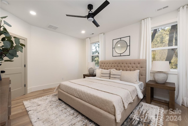 bedroom featuring ceiling fan and light hardwood / wood-style flooring