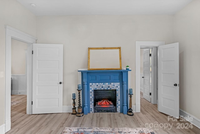 living room featuring light wood-type flooring and a fireplace