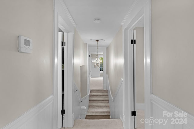 staircase featuring carpet and a notable chandelier