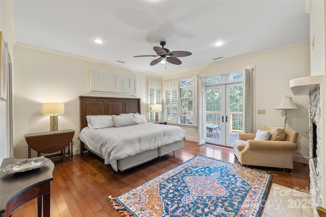 bedroom with french doors, ceiling fan, ornamental molding, and access to outside