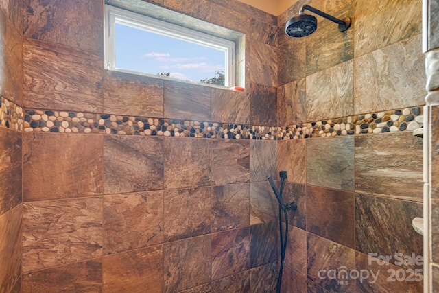 interior details featuring a tile shower