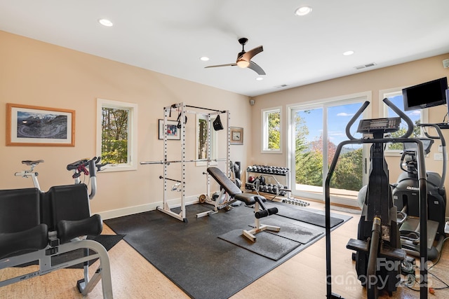 workout room with baseboards, ceiling fan, visible vents, and recessed lighting