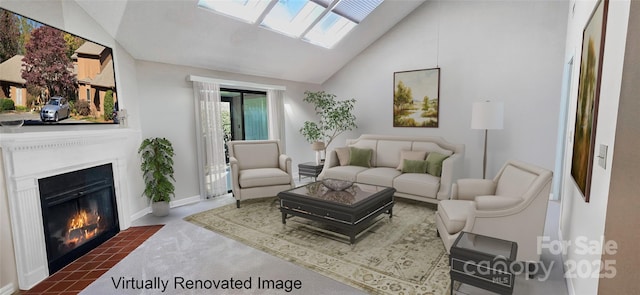 living area with a skylight, a fireplace with flush hearth, high vaulted ceiling, and baseboards