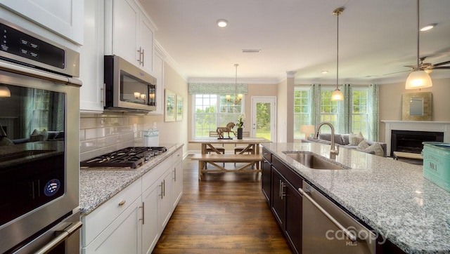 kitchen featuring sink, stainless steel appliances, white cabinets, light stone counters, and dark hardwood / wood-style floors