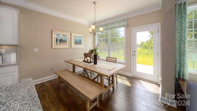 dining area featuring ornamental molding, a healthy amount of sunlight, and dark wood-type flooring