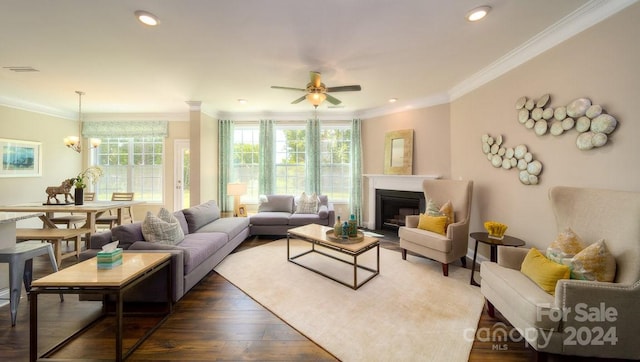 living room with crown molding, dark hardwood / wood-style floors, and ceiling fan with notable chandelier