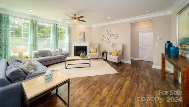 living room featuring crown molding, dark hardwood / wood-style flooring, and ceiling fan