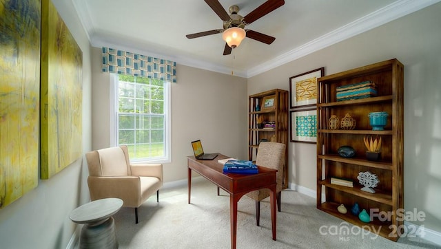 carpeted office space featuring crown molding and ceiling fan