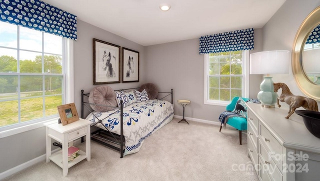 bedroom with light colored carpet