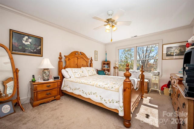 bedroom with crown molding, light colored carpet, and ceiling fan