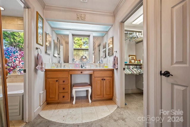 bathroom featuring vanity, ornamental molding, and a washtub