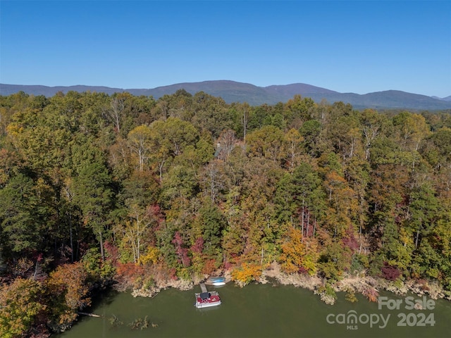 drone / aerial view featuring a water and mountain view