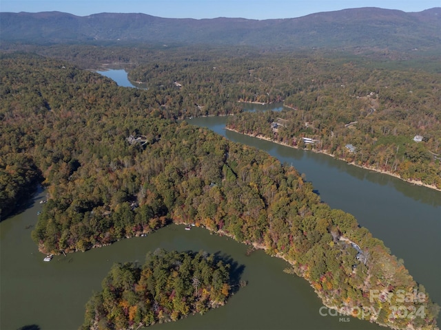 bird's eye view with a water and mountain view