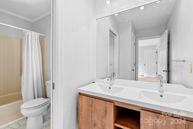 full bathroom featuring vanity, tile patterned floors, toilet, shower / bathtub combination with curtain, and ornamental molding